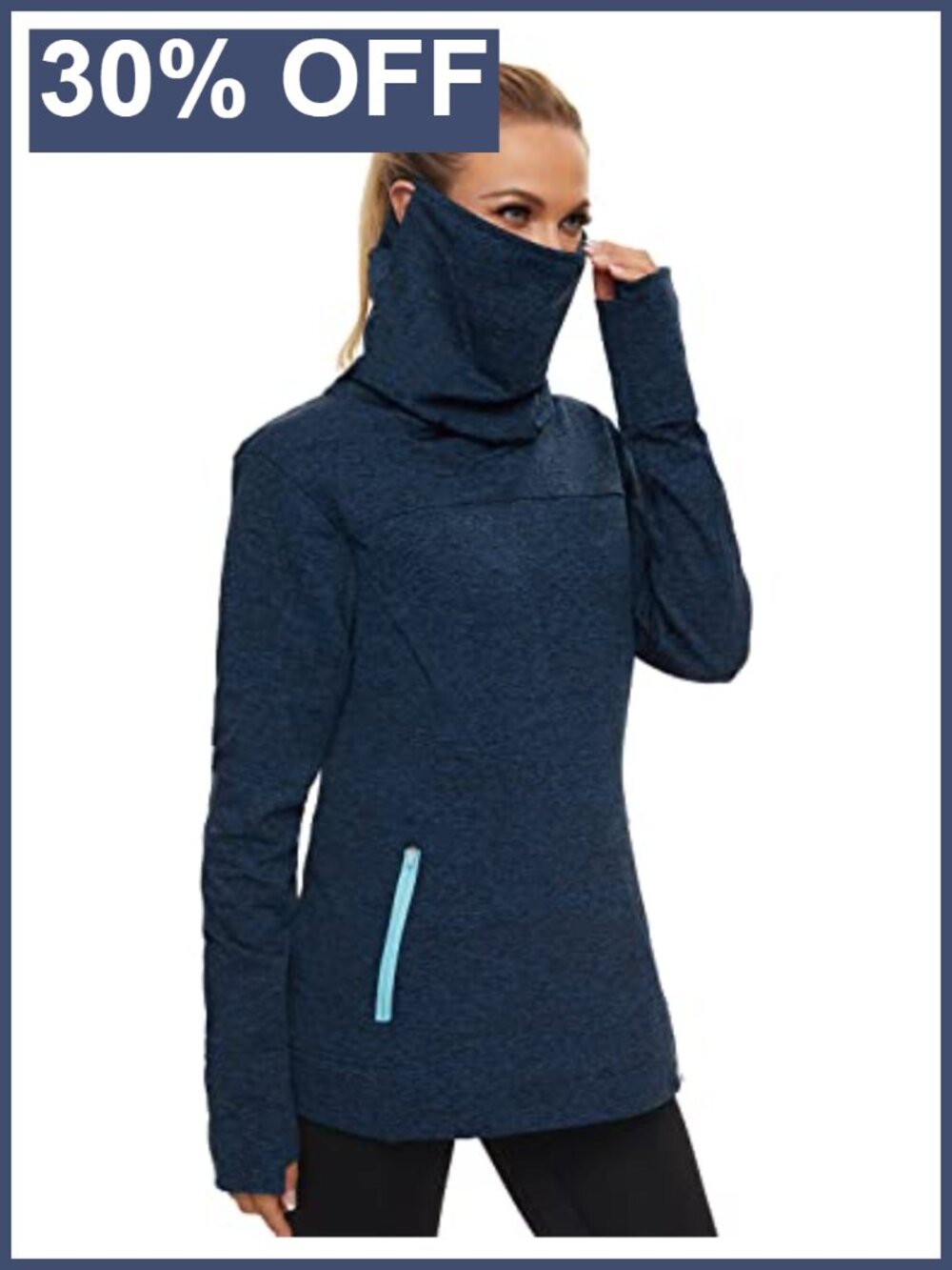Women's Fleece Running Sweatshirt Cowl Neck Pullover Thumb Holes Neck Gaiter